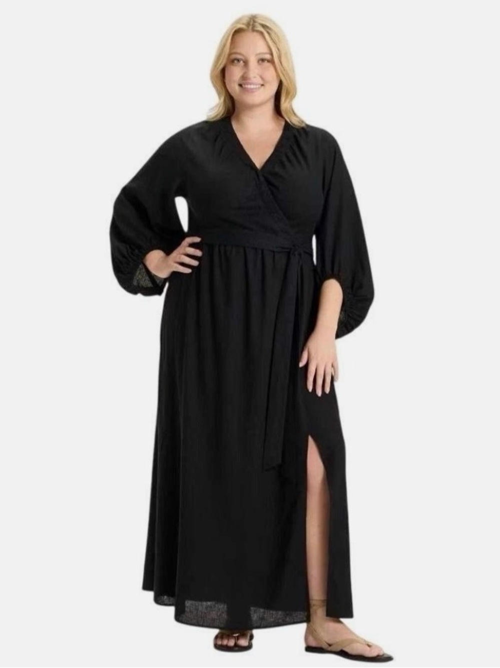 Ava & Viv Black Linen Blend Maxi Dress with Wrap Detail